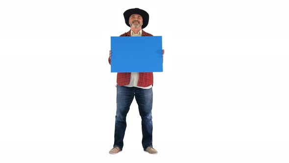 Senior Farmer in a Hat Holding Blank Placard on White Background