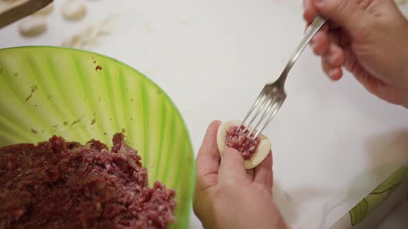 Female Hands Pick Minced Meat From a Large Bowl with a Fork and Put the Stuffing for Dumplings Into