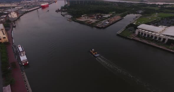 Tugboat on Savannah River from Aerial Perspective