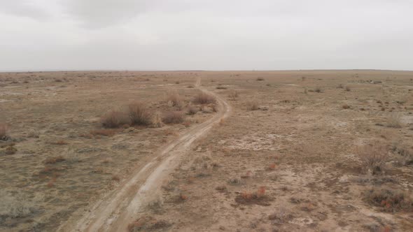 Aerial View of Country Road in the Desert of Kazakhstan