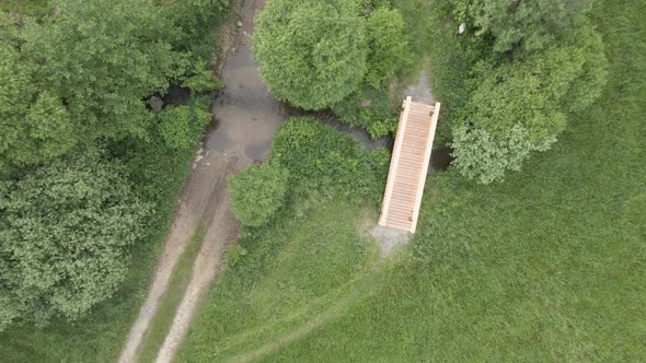 Wooden bridge over a river in a dense forest