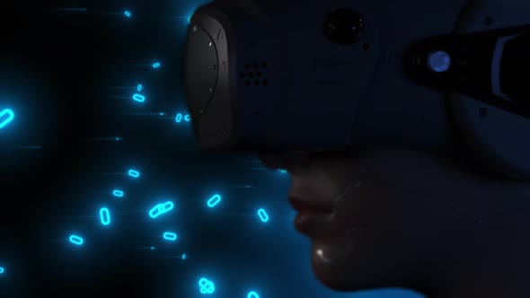 portrait of a cyborg girl in VR helmet side view close-up