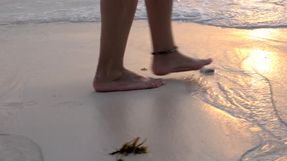 Female Legs Walk Along the Sandy Beach