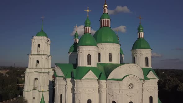 Aerail view to Cathedral Nativity Blessed Virgin in Kozelets, Chernihiv region, Ukraine