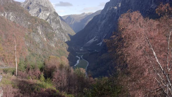 Norwegian Fall Landscape View with Forests and Gorge