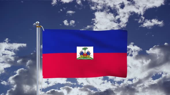 Flag Of Haiti Waving With Blue Sky