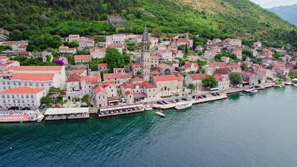 Flying Over the Old Town of Perast Kotor Bay Montenegro