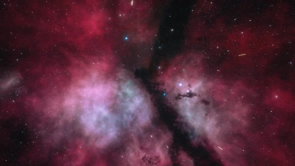 Spaceship Flies Near Red Nebula in Space