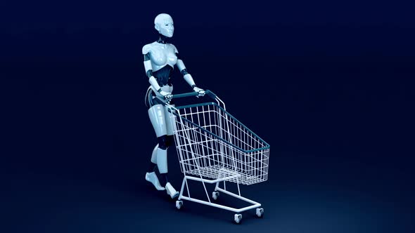 4K concept animation of a woman robot shopping