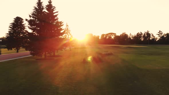 Moving Back on the Grass Field Looking at Bright Evening Sun