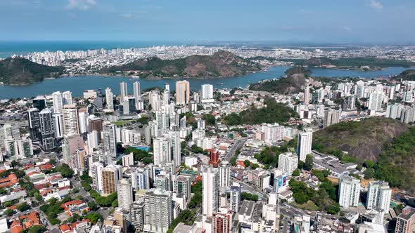 Aerial cityscape of downtown Vitoria Espirito Santo Brazil.