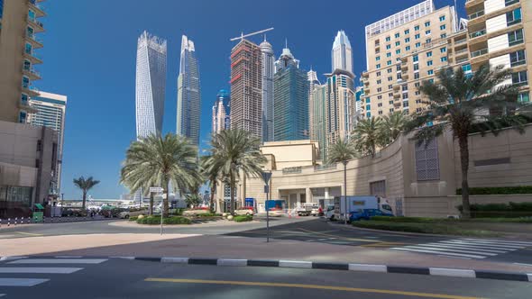 Panoramic View with Modern Skyscrapers and Yachts of Dubai Marina Timelapse Hyperlapse United Arab