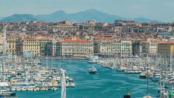 Overlook of Marseille Harbor With Many Sail Boats Moored Densely, Cityscape