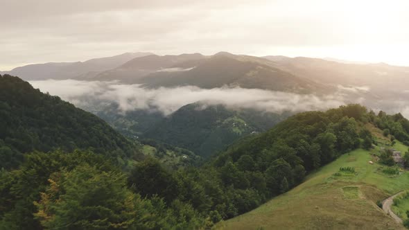 Misty Fog Blowing Over Pine Mountain Forest Aerial