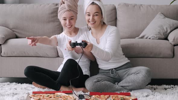 Girls Friends Eats Pizza and Playing at Home