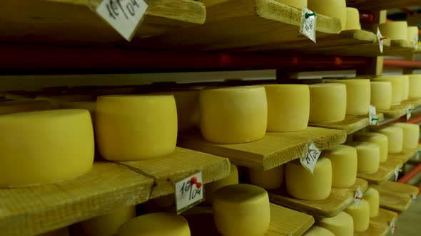 View to the Cheesewheels of Parmesan Maturing on the Shelves at the Cellar of the Cheese Factory