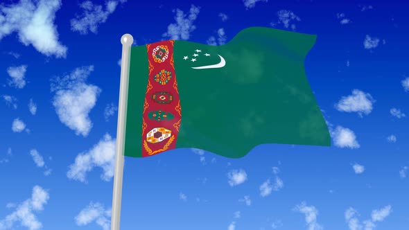 Turkmenistan Flying Flag Wave In The Sky With Clouds