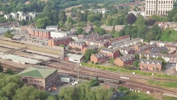 Aerial shot of a Train arriving at St David’s Station in Exeter