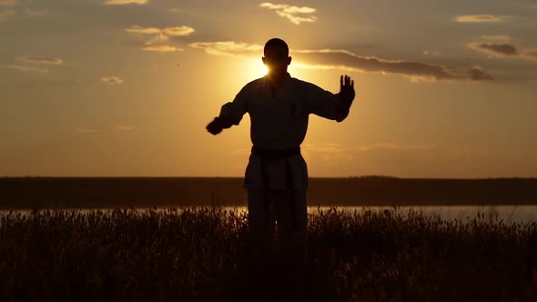 Silhouette of Man Training Karate at Sunset