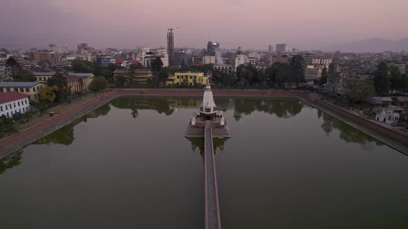 Flying over the Rani Pokhari pond in Kathmandu Nepal