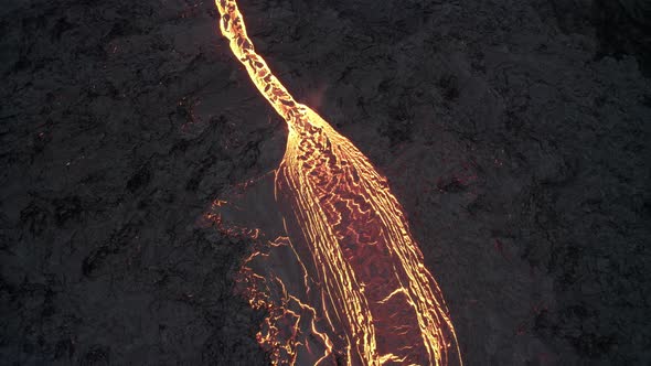 Drone Over Flowing River Of Molten Lava From Erupting Volcano