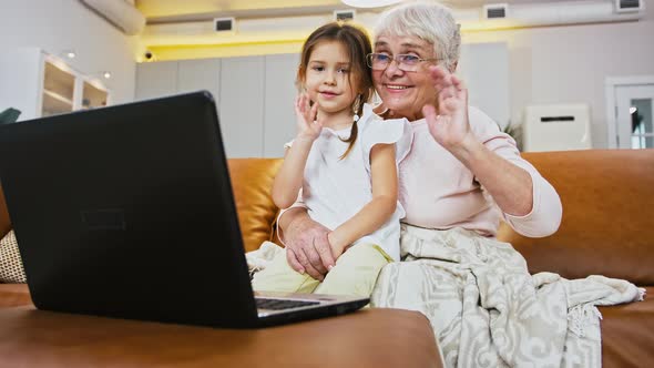 Grandma and Grandchild Smiling and Waving Hands Talking By Online Video Call Using Laptop Computer