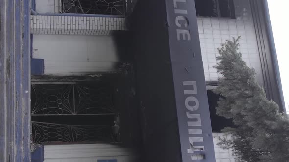 Vertical Video of a Burned Down Police Station in Ukraine During the War