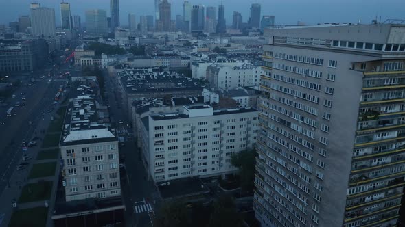 Forwards Fly Above Urban Neighbourhood Before Sunrise