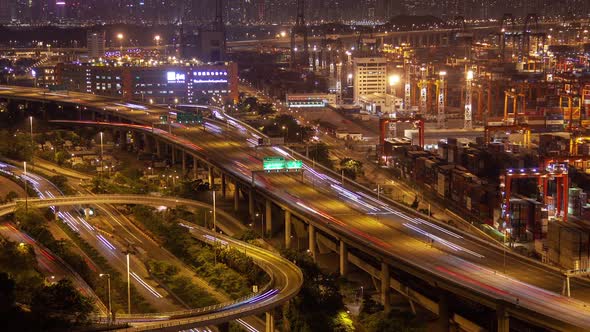 Timelapse Cars Drive Along Hong Kong Highway Near Harbour
