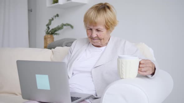 Senior Woman With Laptop Relaxing On Sofa Indoors