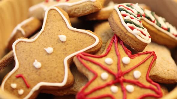 Closeup Traditional Christmas Gingerbread Cookies Decorated Glaze Icing Sugar