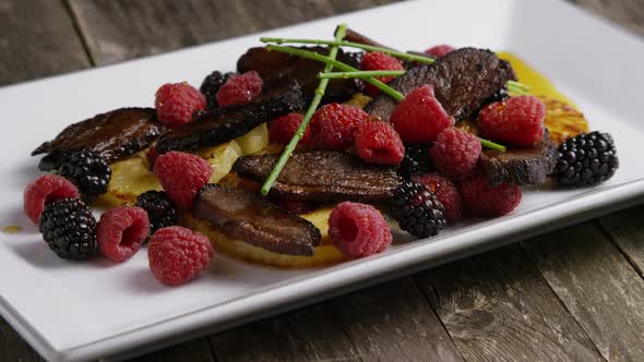 Rotating - smoked duck bacon with grilled pineapple, raspberries, blackberries and honey 