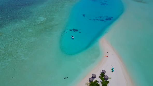 Aerial drone panorama of bay beach by blue ocean with sand background