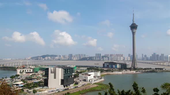 Macau Tower with Antenna Against Chinese Buildings Timelapse