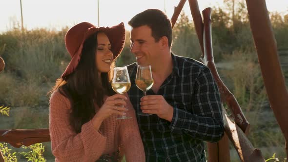 Couple Clinking Glasses of Wine in Warm Sunset Light