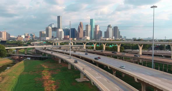 High angle establishing drone shot of downtown Houston. This video was filmed in 4k for best image q