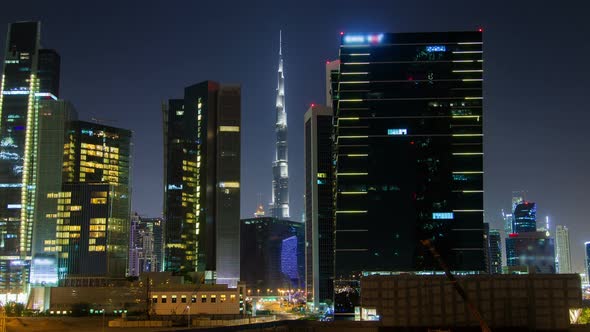 Skyscrapers in Business Bay Downtown Dubai Night