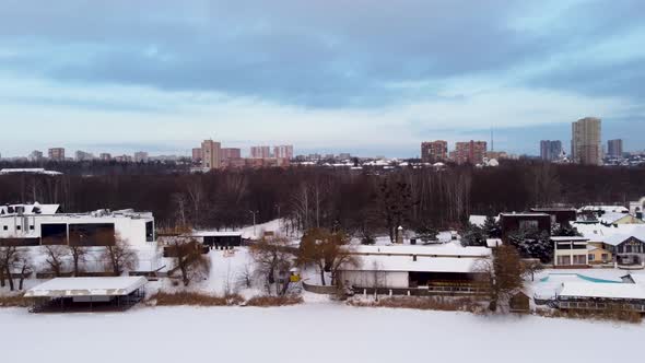 Aerial Kharkiv city from Lopan river with epic sky