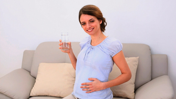 Pregnant Woman Drinking Glass Of Water On The Sofa