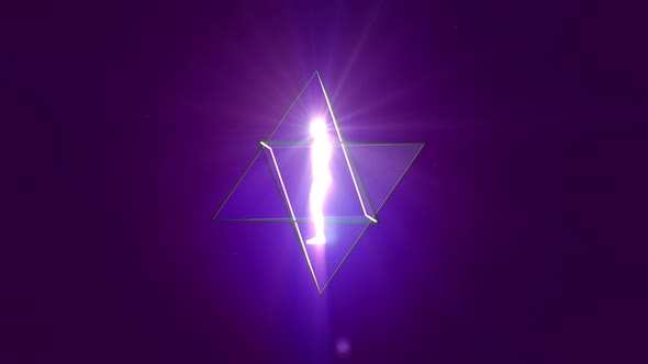 A looped 3D animation of the rotation of two tetrahedrons (Merkaba) inside which is a luminous man.