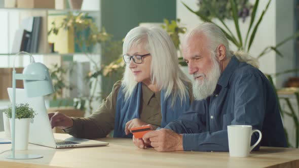 Happy Elderly Couple Shopping Online From Home Using Computer and Credit Card