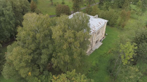 Aerial view of an abandoned mansion