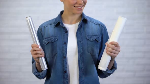 Girl Choosing Parchment Bags Instead Vacuum Pouches, Pollution With Polyethylene