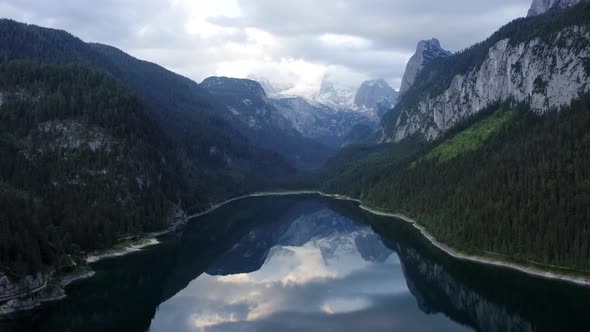 Aerial View of Alps Mountains Reflection in Gosausee Lake in Upper Austria