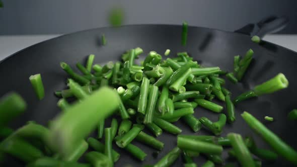 French Beans Are Falling in Slow Motion To the Pan, Fresh Vegetables Are Falling in 240 Fps, Cooking