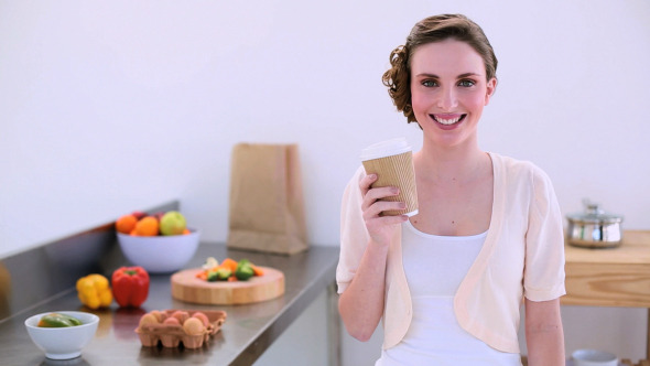 Pretty Model Standing In Kitchen Drinking Coffee 2