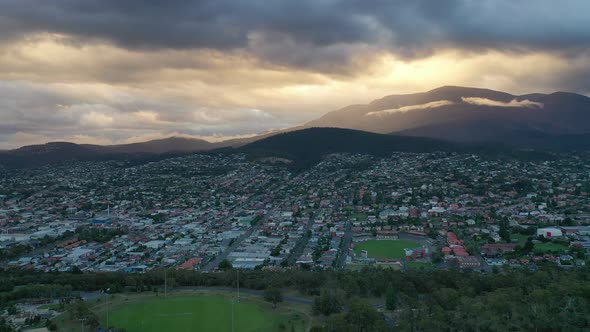 Sunset from Queen's Domain over Hobart with Mt Wellington, Tasmania Aerial Drone 4K