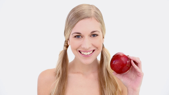 Happy Nude Blonde Holding Red Apple