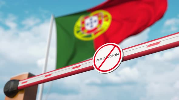 Open Gate with No Immigration Sign on the Portuguese Flag Background