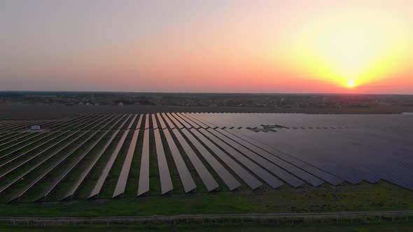 Aerial Drone View Into Large Solar Panels at a Solar Farm at Summer Sunset. Solar Cell Power Plants